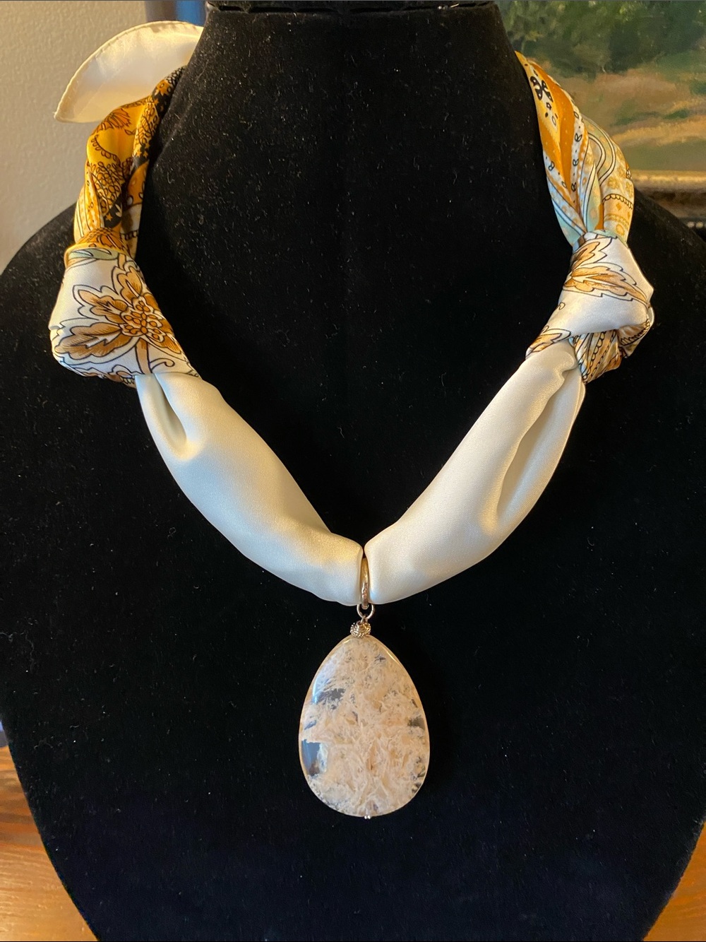 Repurposed stone pendant on a new scarf. Tie in back for a fabulous necklace!